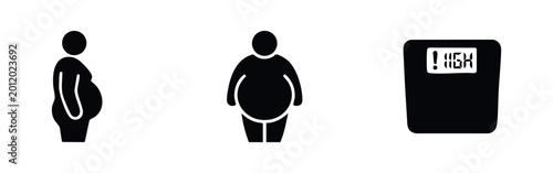 Quadro su tela Set of minimalist black icons representing obesity and weight gain, featuring overweight silhouettes and a scale with a high weight warning