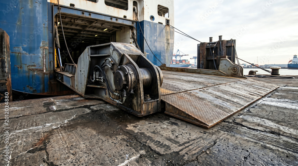 Fototapeta premium Stern ramp hinge of a roll-on roll-off ferry resting on the apron of a roro berth