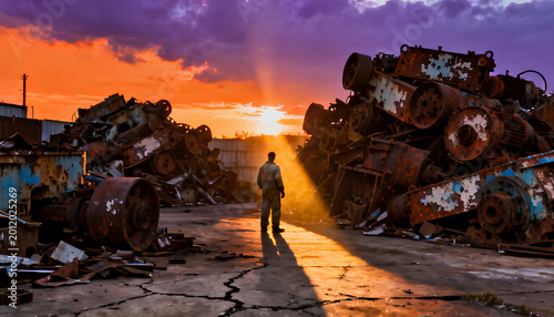 One worker stands small against giant piles of rusted scrap in an industrial scrapyard at dusk with a sky that shifts from orange to lavender
