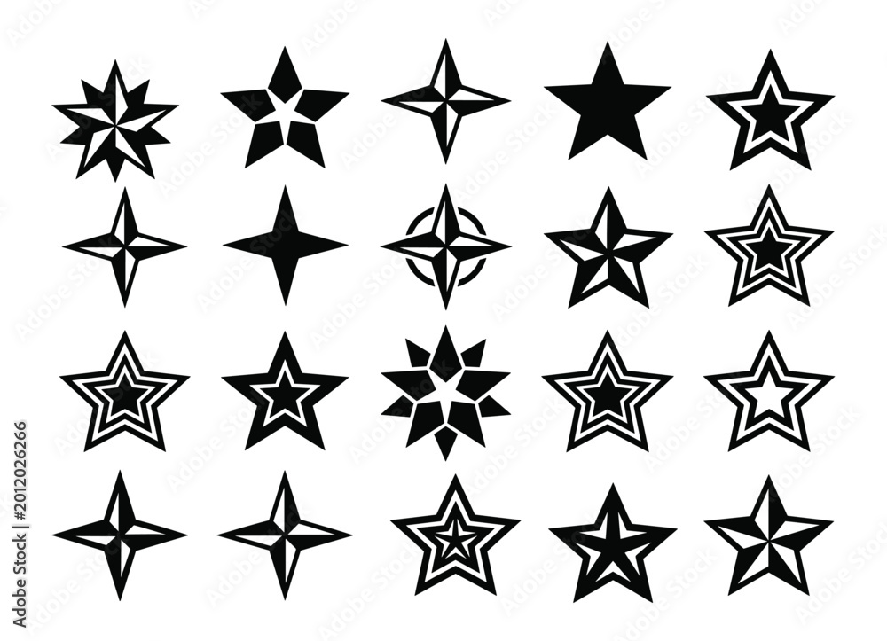Fototapeta premium Set of black star icons and decorative elements isolated on white background for your design.