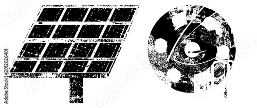 Gritty solar array cogwheel, sun catcher panel, gearhead mech. Printed in high contrast black ink on white. Street art tech motif for indie eco or punk engineering brands.