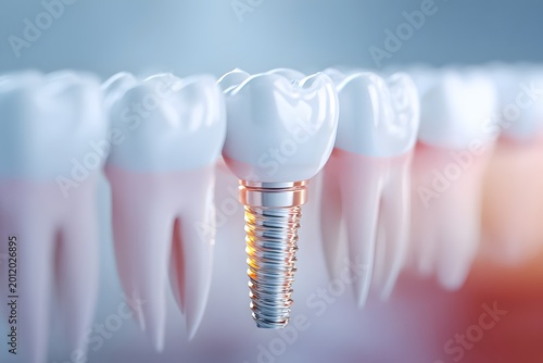 Dental implant procedure shows a metal post being placed into a dental setup in a dental clinic