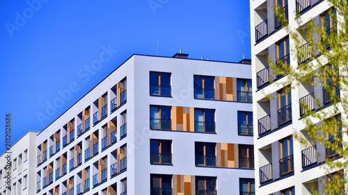 Downtown modern residential architecture. Architectural details of modern apartment building. Modern european residential apartment building complex.