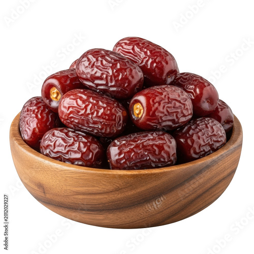 A wooden bowl filled with red dates