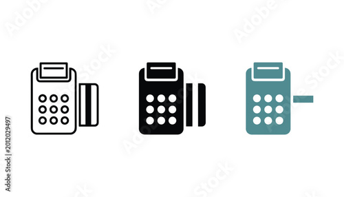 Foto Point of Sale POS terminal with credit card insertion icon set for retail transa