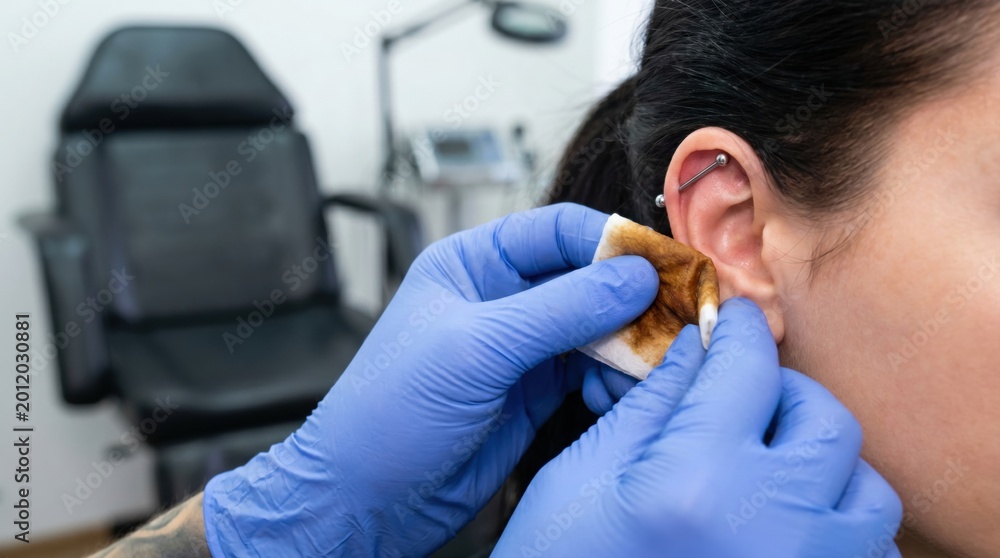 Fototapeta premium Body piercing artist in blue gloves wiping a client ear with an antiseptic swab after cartilage piercing