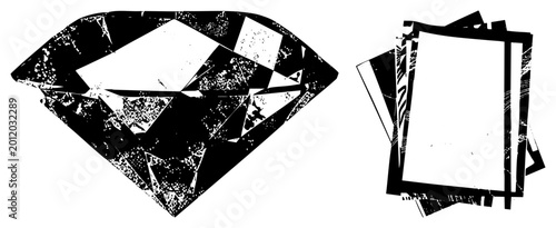 Gritty halftone diamond (“sparkler”/“ice”) cracks beside “snapshots” frames. Rendered in raw stencil, high contrast black on white, evoking urban decay & vintage print. Ideal for edgy branding, post