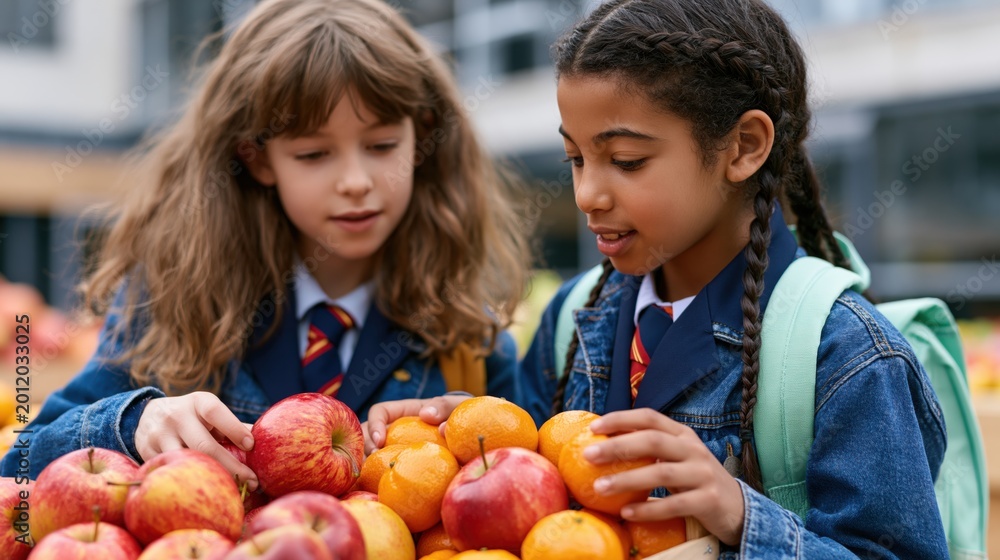 Fototapeta premium Two schoolgirls in uniform choosing fresh apples and oranges from a market stall