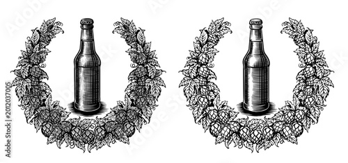 Foto Beer glass bottle inside hop wreath