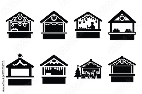 christmas market stall silhouette icon set in black color on white background. Christmas Simple vector icons for web design.