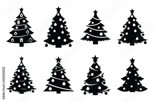 decorated christmas tree silhouette icon set in black color on white background. Christmas Simple vector icons for web design.