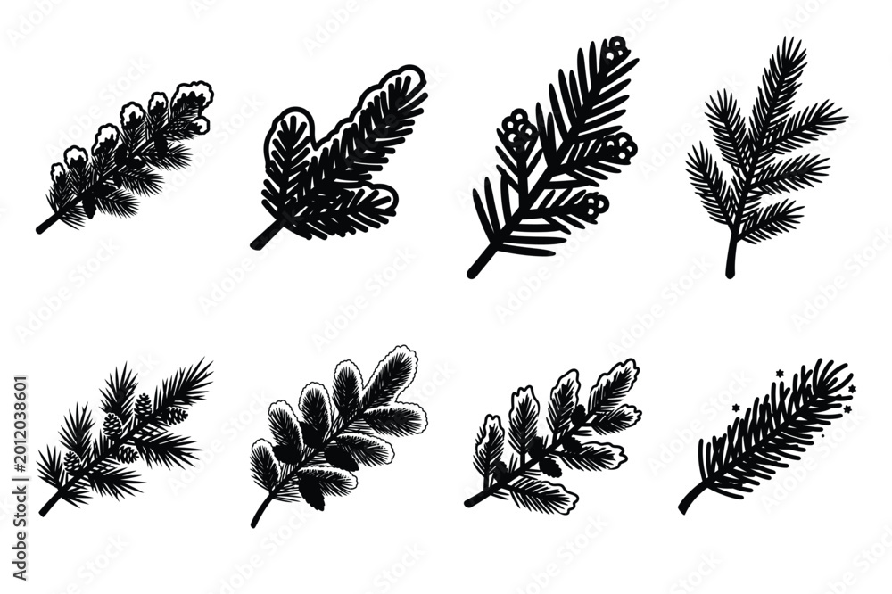 Obraz premium frosted pine branch silhouette icon set in black color on white background. Christmas Simple vector icons for web design.