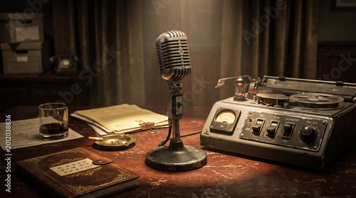 Vintage microphone and reel-to-reel tape recorder on a wooden desk with microphone recorder equipment recording broadcasting interview professional