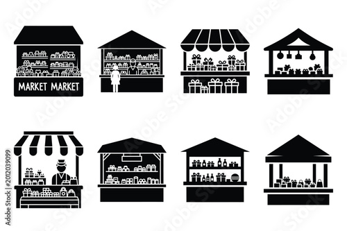 market gift stall silhouette icon set in black color on white background. Christmas Simple vector icons for web design.