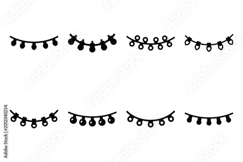 string lights silhouette icon set in black color on white background. Christmas Simple vector icons for web design.