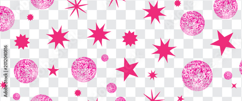 Pink Disco Ball Glitter Vector With Mirror Globe Set. Disco Ball Light for Party or Club Kit. Doodle Vector Illustration