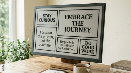 Desktop monitor displaying motivational quotes and posters like 