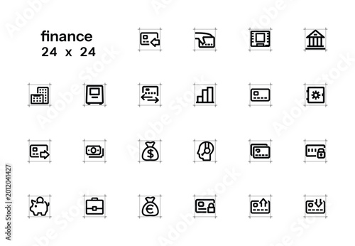 Set of minimalist outline icons on the themes of online banking, finance, and digital currency. 24x24 pixels, editable outlines