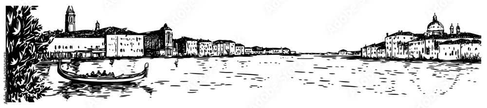 Fototapeta premium Venice Italy panoramic cityscape with gondola on the Grand Canal. Hand drawn vector sketch