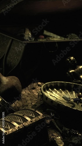 A treasure chest is open, revealing a collection of coins, jewelry, and various old items. The light is dim and shadows fill the space, creating a mysterious atmosphere.