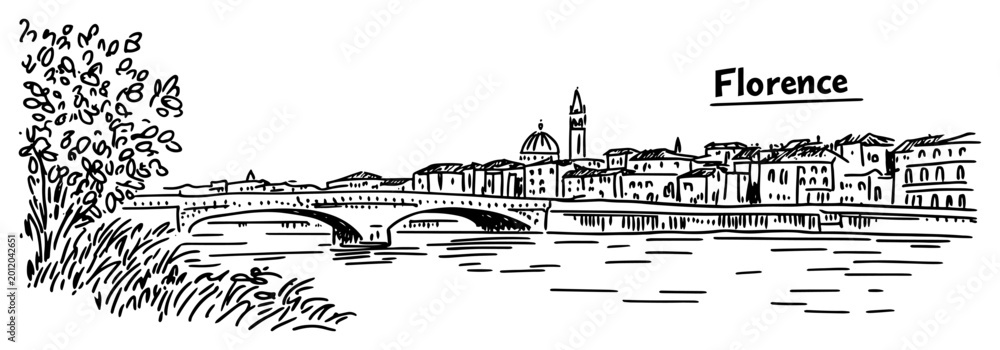 Obraz premium Florence Italy cityscape with bridge over Arno river Hand drawn historic skyline sketch vector illustration