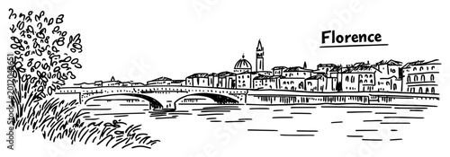 Florence Italy cityscape with bridge over Arno river Hand drawn historic skyline sketch vector illustration