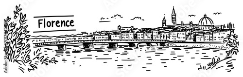 Bild auf Leinwand Florence Italy panoramic view with Ponte Vecchio bridge Hand drawn historic city