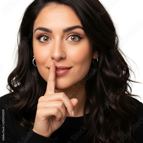 Beautiful young woman with finger on lips, asking for silence, isolated on white background