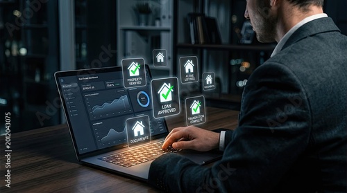 Real estate technology concept man using laptop with property verification and loan approval icons
