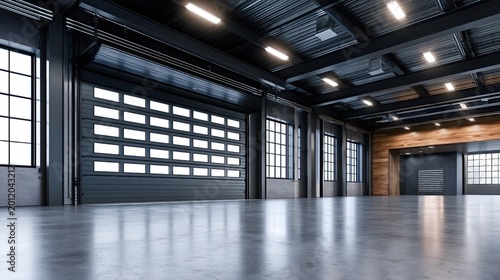 Empty industrial warehouse interior featuring a large closed sectional garage door with windows, concrete floor, ceiling lighting, exposed structural elements, and a wooden accent wall
