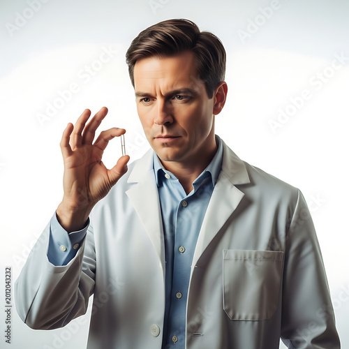 Professional medical scientist carefully studies an isolated translucent pill
