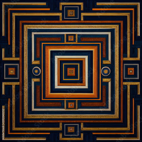 An Islamic modern design in deep midnight blue, orange and yellow concentric squares of touch of Art Deco Bauhaus 