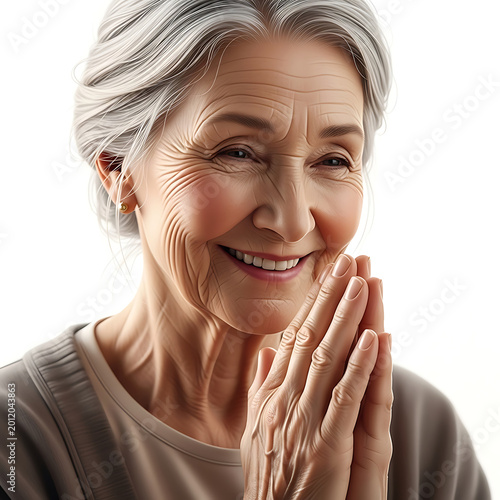 Close-up portrait of an elderly woman with gray hair and a joyful expression isolated on white