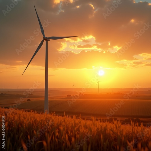Wind Turbine in Rural Farmland at Golden Hour Sunset