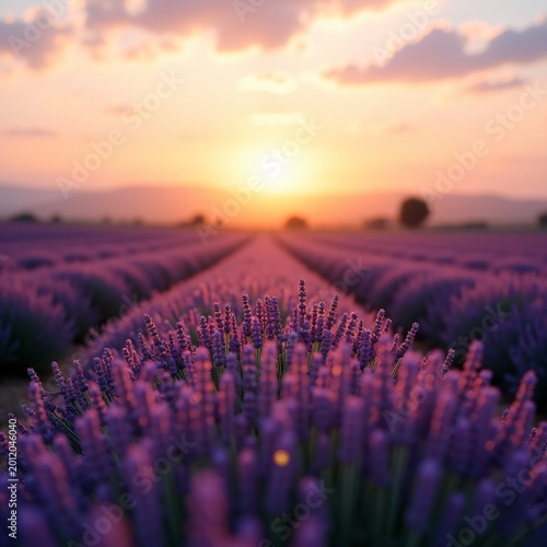 Purple lavender field blooming at sunset with warm golden light