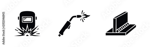 Tableau sur toile Set of three black welding icons featuring a protective helmet with sparks, a welding torch, and a welded metal joint on a white background