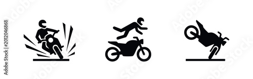 Konstfotografi Set of minimalist black icons depicting various motorcycle accident scenarios, including sliding, rider ejection, and front-flip crashes