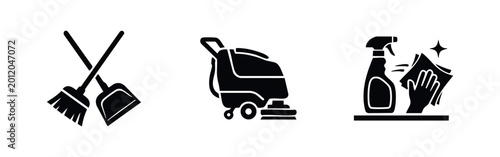 Foto Professional cleaning service icons set including broom, dustpan, industrial floor scrubber, and spray bottle with wiping hand on white background