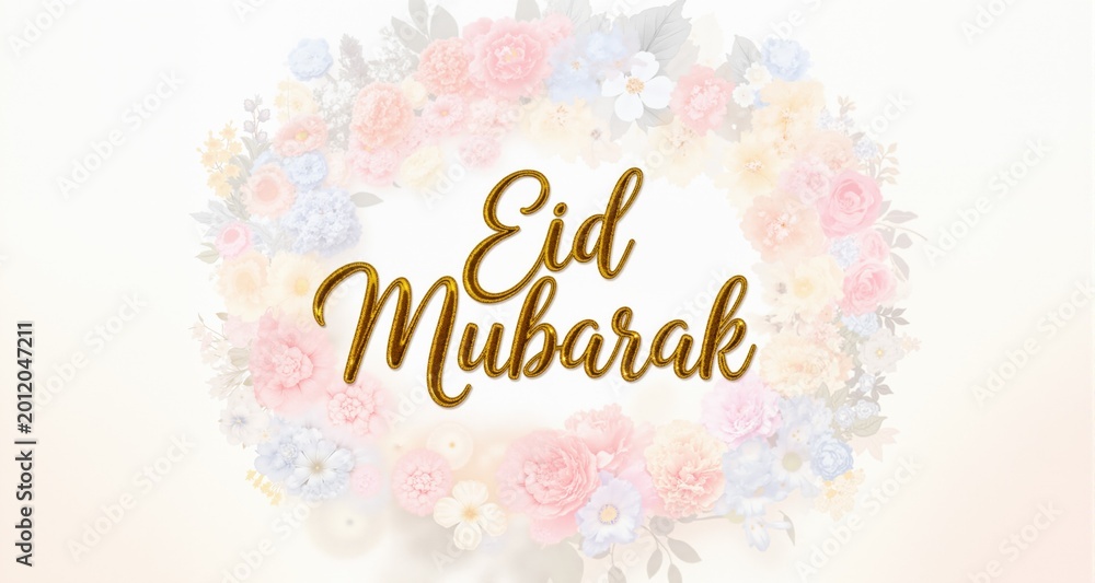 Obraz premium Golden Eid Mubarak Typography Surrounded by Pastel Floral Arrangement