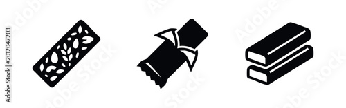 Canvastavla Set of three minimalist black snack bar icons, featuring a granola bar with nuts, a wrapped chocolate bar, and stacked protein bars
