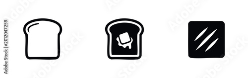 Canvastavla Minimalist set of black and white bread and toast icons, featuring a plain slice, a slice with melting butter, and a toasted surface design