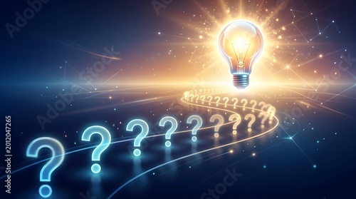 Glowing light bulb illustration surrounded by question marks on path for problem solving.