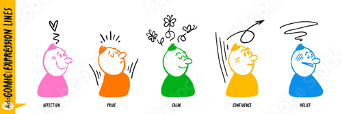 Fotografie Comic character, line expression set with simple faces and motion effects showing moods like affection, pride, calm, confidence, and relief