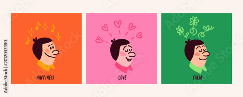 Obraz na płótnie Face expression character card set in crayon doodle comic style with colorful backgrounds, positive emotions symbols