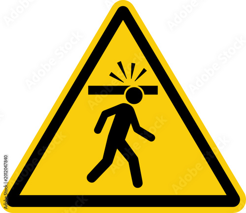 Warning sign for head injury prevention in yellow and black colors