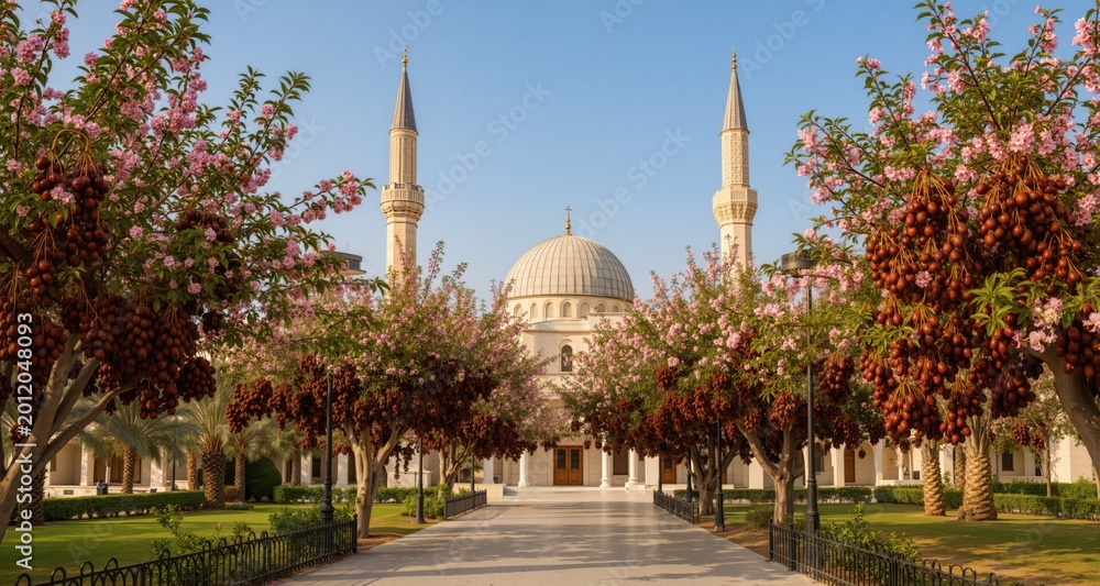 Fototapeta premium Peaceful mosque scene with blooming trees and dates. 