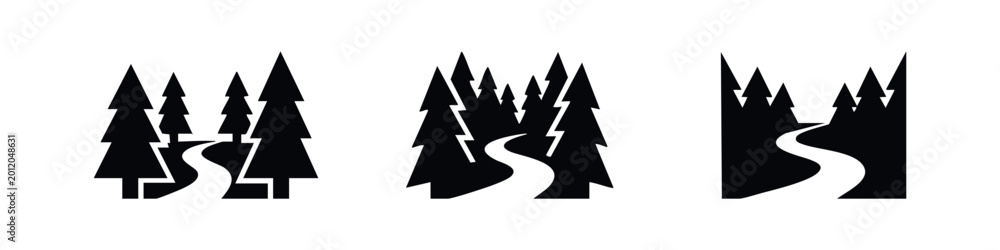Obraz premium Minimalist black silhouette icons of pine forest with winding paths. Versatile vector set for nature, travel, and adventure logo designs.