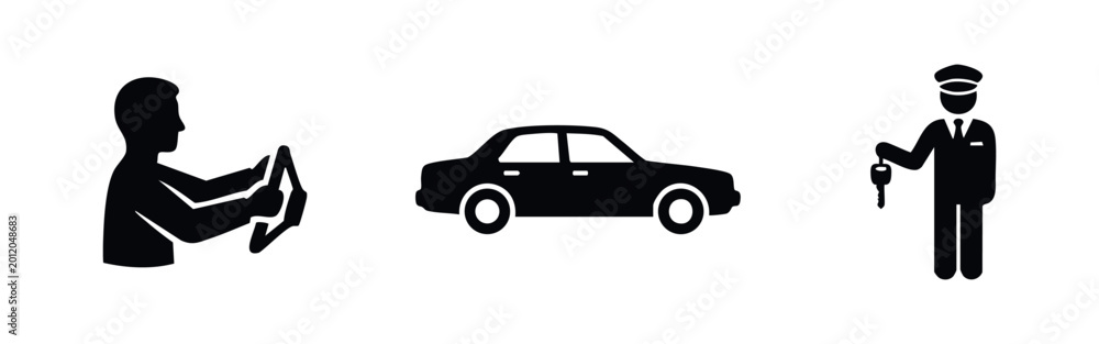 Naklejka premium Set of black minimalist icons representing professional car services, including a driver at the wheel, a sedan vehicle, and a chauffeur with keys.