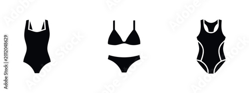 Canvas-taulu Set of black women's swimwear icons including a one-piece swimsuit, a bikini set, and a sporty racerback swimsuit isolated on a white background