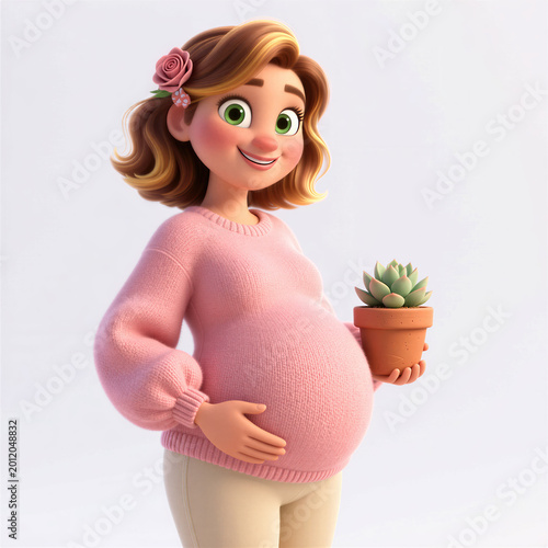 Relatable peachy-skinned pregnant woman with sage eyes and large belly holding succulent, looking at viewer on white, naturalistic 3D style.